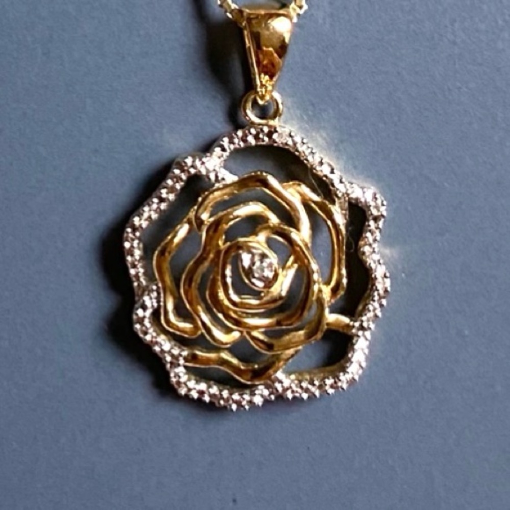 14K Gold Over Sterling Silver Flower Pendant With Diamond Accents - Picture 2 of 7